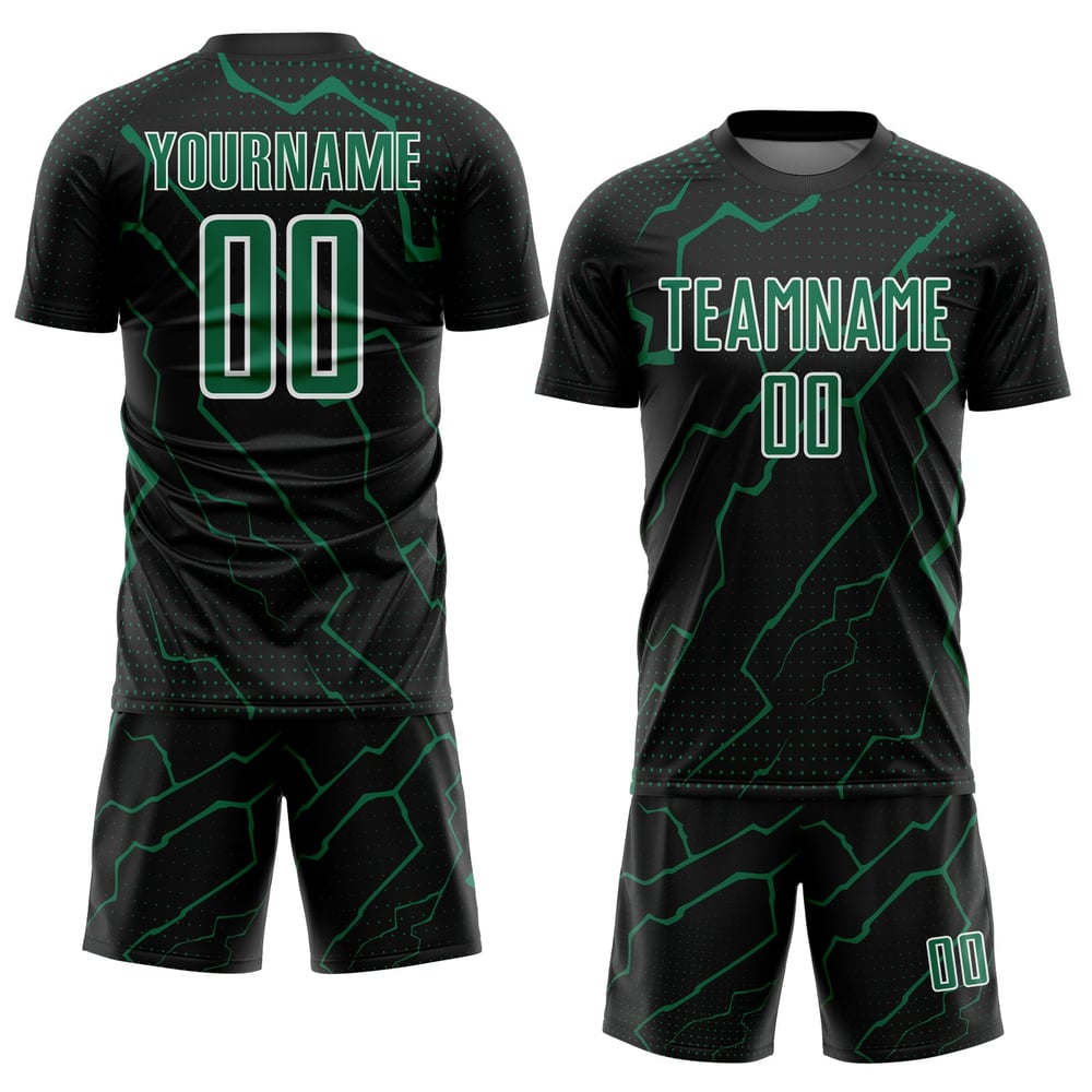 Maglia da calcio personalizzata verde-bianca Kelly Black Lightning con stampa a sublimazione