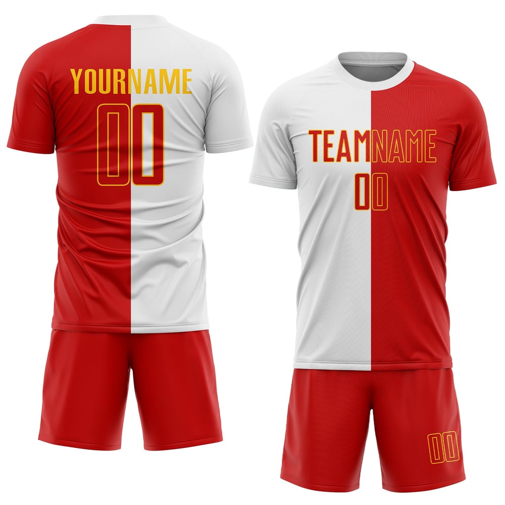 Camiseta de fútbol personalizada de sublimación, color rojo y dorado, con división en blanco