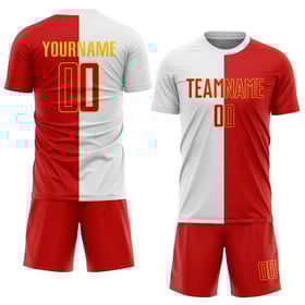 Camiseta de fútbol personalizada de sublimación, color rojo y dorado, con división en blanco