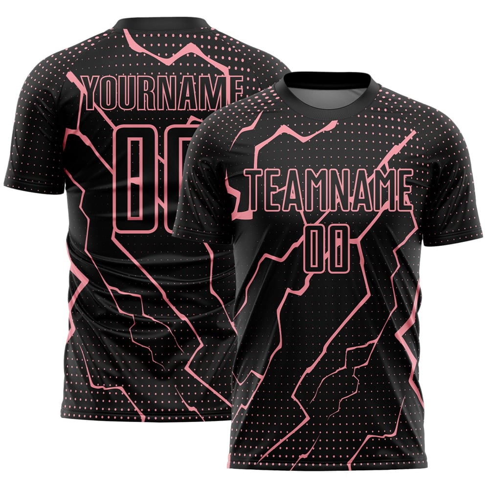 Maglia sportiva uniforme nera Lightning rosa personalizzata da calcio stampata a sublimazione, taglia media