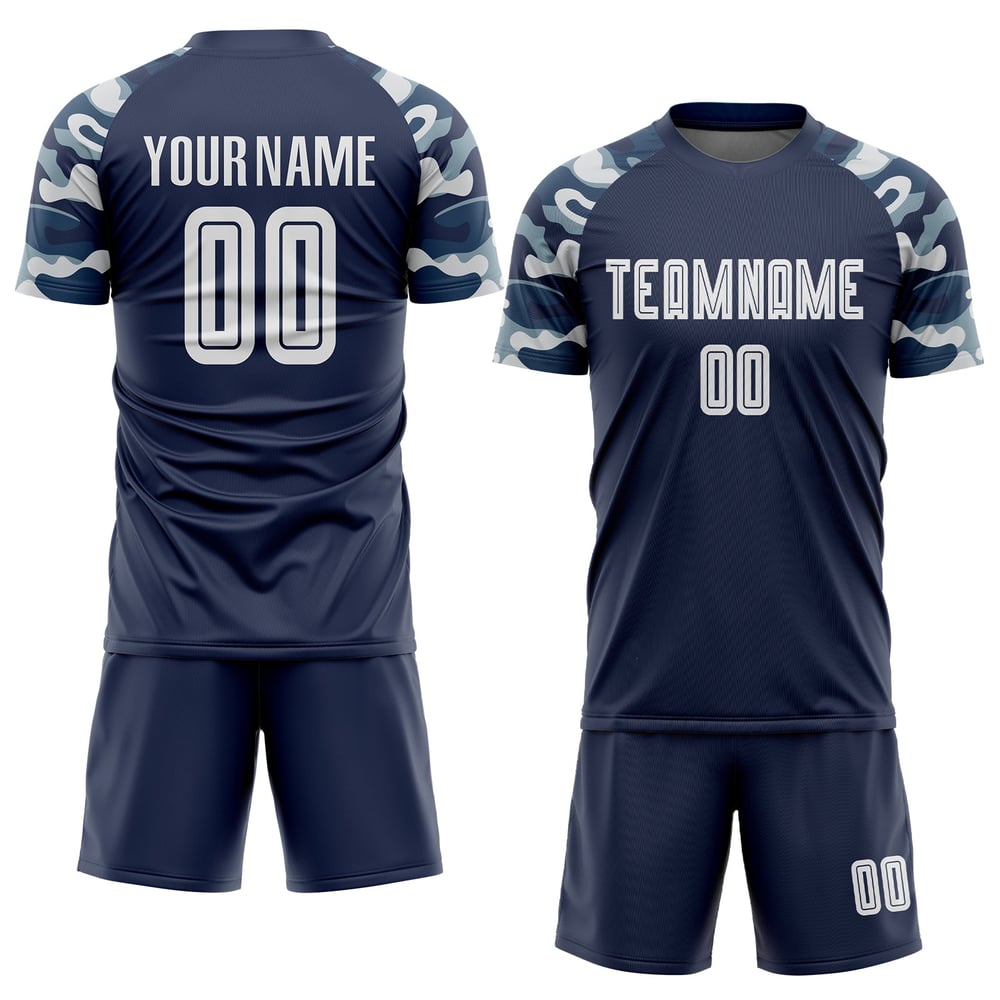 Maillot de football personnalisé à sublimation, bleu marine, blanc et camouflage