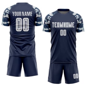 Maillot de football personnalisé à sublimation, bleu marine, blanc et camouflage