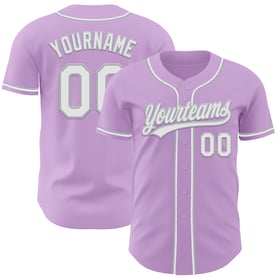Camiseta de béisbol personalizada auténtica en color blanco y gris claro y morado