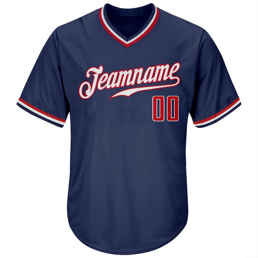 Camiseta de béisbol personalizada auténtica de punto acanalado, estilo retro, en rojo, blanco y azul marino.