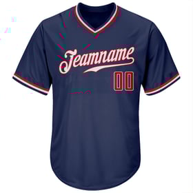 Camiseta de béisbol personalizada auténtica de punto acanalado, estilo retro, en rojo, blanco y azul marino.
