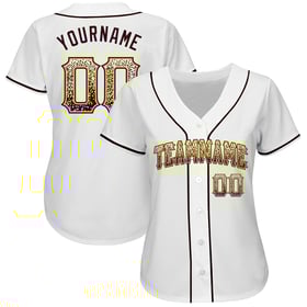 Camiseta de béisbol personalizada Drift Fashion auténtica blanca, marrón y dorada