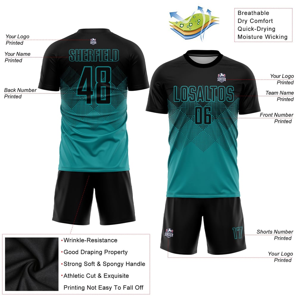 Black Teal Uniform Jersey Custom Soccer Sublimation
