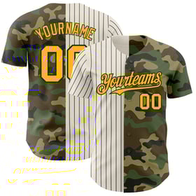 Camiseta de béisbol camuflada auténtica Salute Gold, personalizada, color crema y negro, a rayas, servicio de moda dividido.