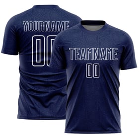 Maglia da calcio sportiva uniforme personalizzata con stampa a sublimazione bianca, forma geometrica, blu navy