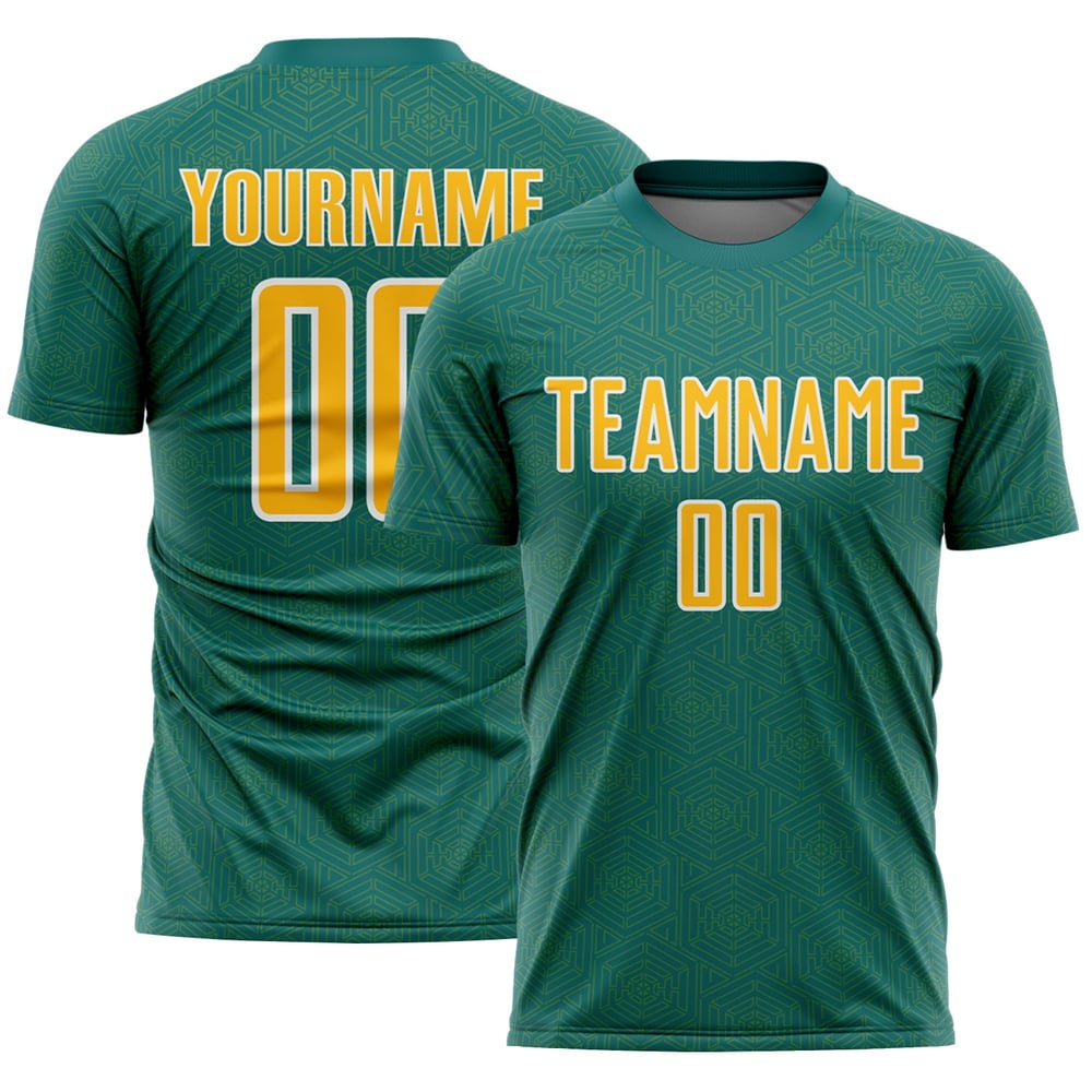 Maglia da calcio personalizzata con stampa a sublimazione geometrica verde acqua e oro, forma sportiva