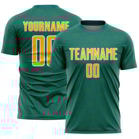 Maglia da calcio personalizzata con stampa a sublimazione geometrica verde acqua e oro, forma sportiva