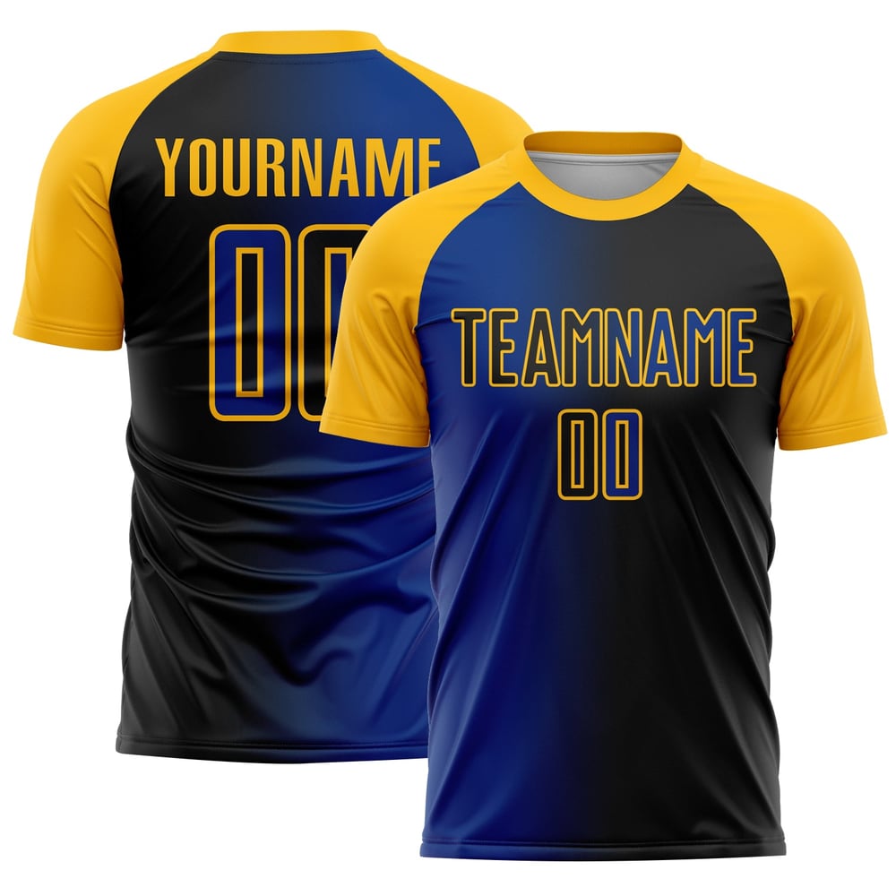 Jersey Schwarz Sublimation Gradient Fußball Custom Uniform Royal-Gold Mode
