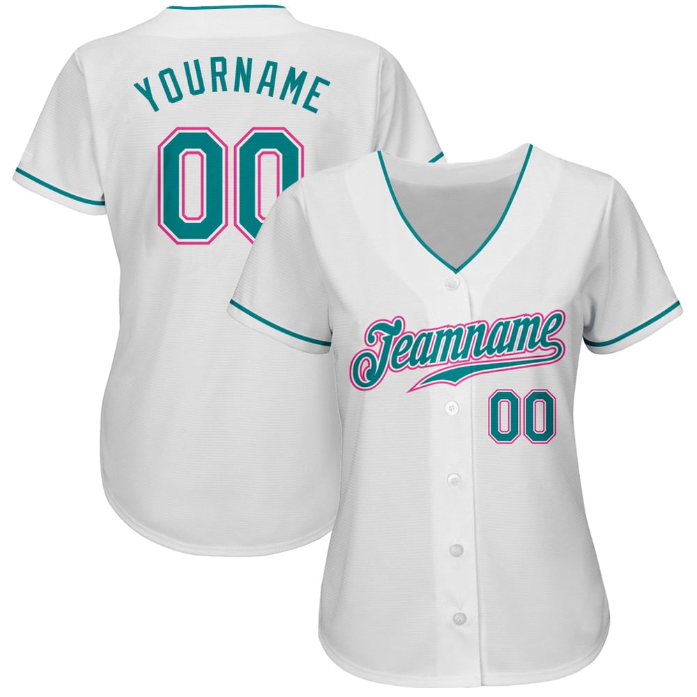 Camiseta de béisbol personalizada auténtica en color verde azulado y rosa, blanca
