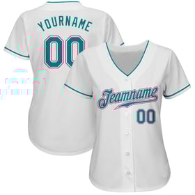 Camiseta de béisbol personalizada auténtica en color verde azulado y rosa, blanca