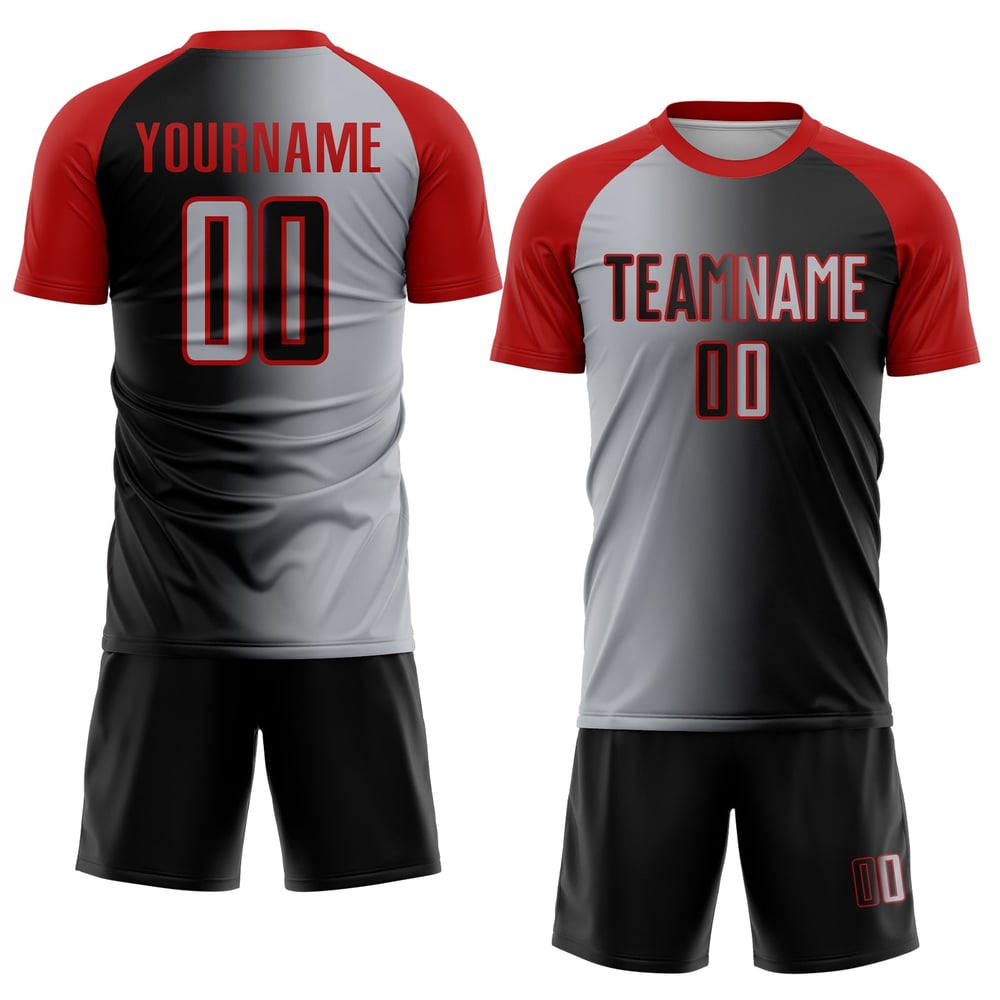 Grau-Rot Mode Custom Fußball Gradient Sublimation Uniform Schwarz Jersey