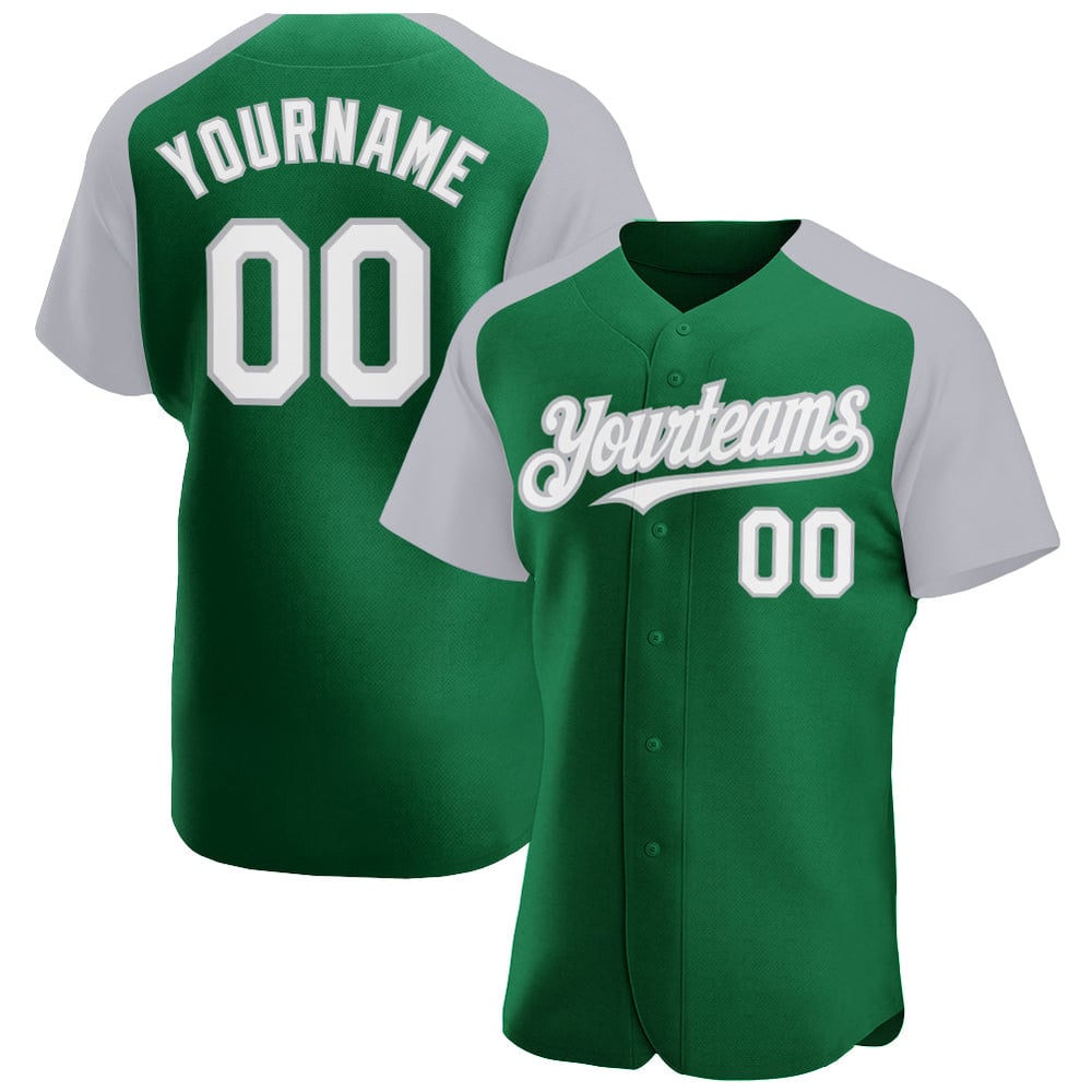 Authentic Green Custom Raglan White-Gray Baseball Kelly Sleeves Jersey