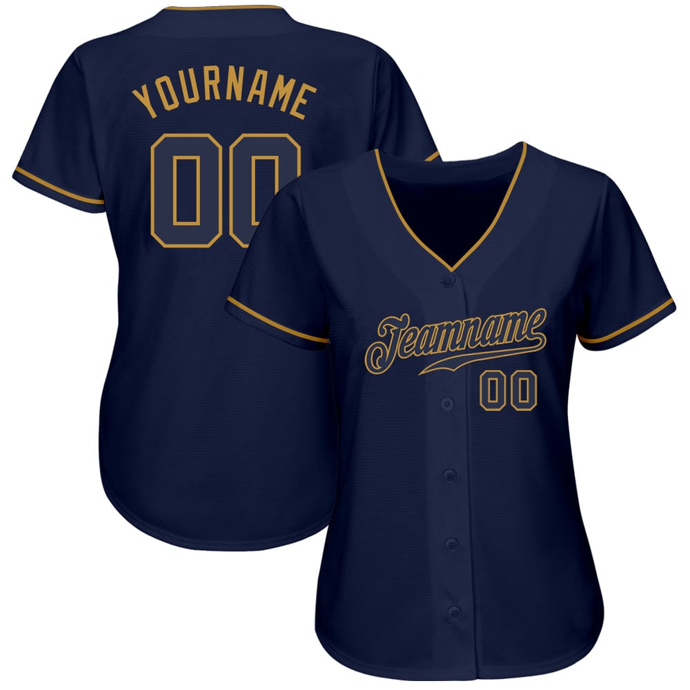 Camiseta de béisbol personalizada dorada auténtica de la Marina de guerra azul marino-vieja