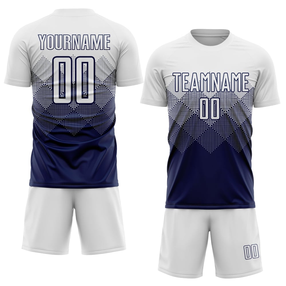 Maillot de football personnalisé bleu marine et blanc par sublimation