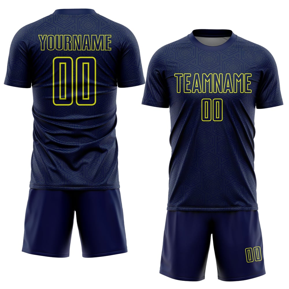Maglia da calcio blu navy personalizzata con stampa a sublimazione al neon, forma geometrica, colore giallo sportivo