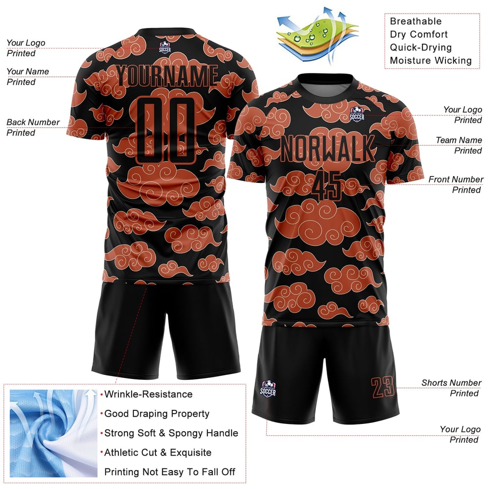 Orange Black Custom Uniform Soccer Pattern Sublimation Cloud Jersey