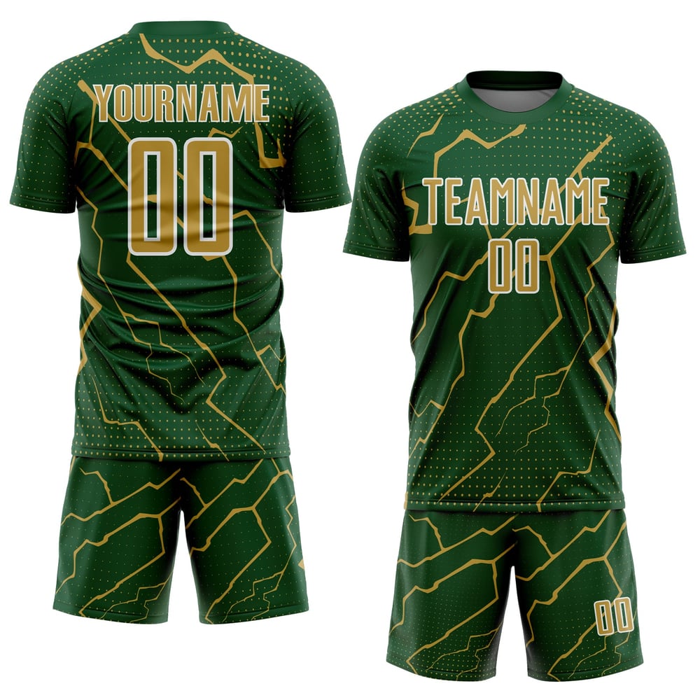 Maglia da calcio verde fulmine personalizzata con stampa a sublimazione, vecchia uniforme, oro-bianco