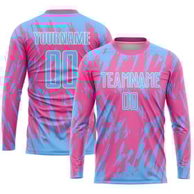 Pink Custom Blue-White Light Uniform Sublimation Soccer Jersey