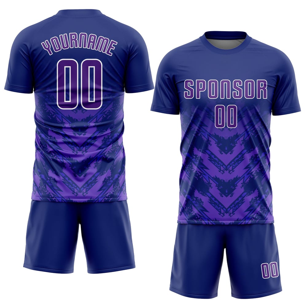 Uniforme de fútbol personalizado de sublimación azul marino morado y blanco