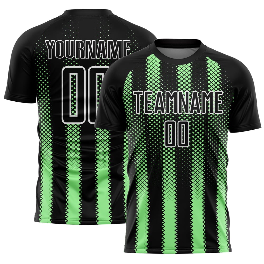 Erbsengrün-Weiß Geometrische Form Schwarz Fußball Uniform Custom Sublimation Jersey