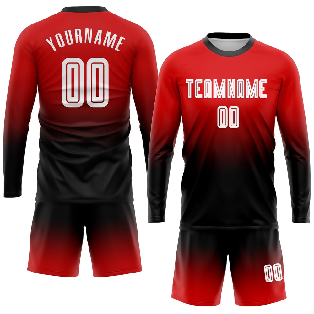 Maillot de football personnalisé à manches longues, imprimé par sublimation, rouge, blanc et noir