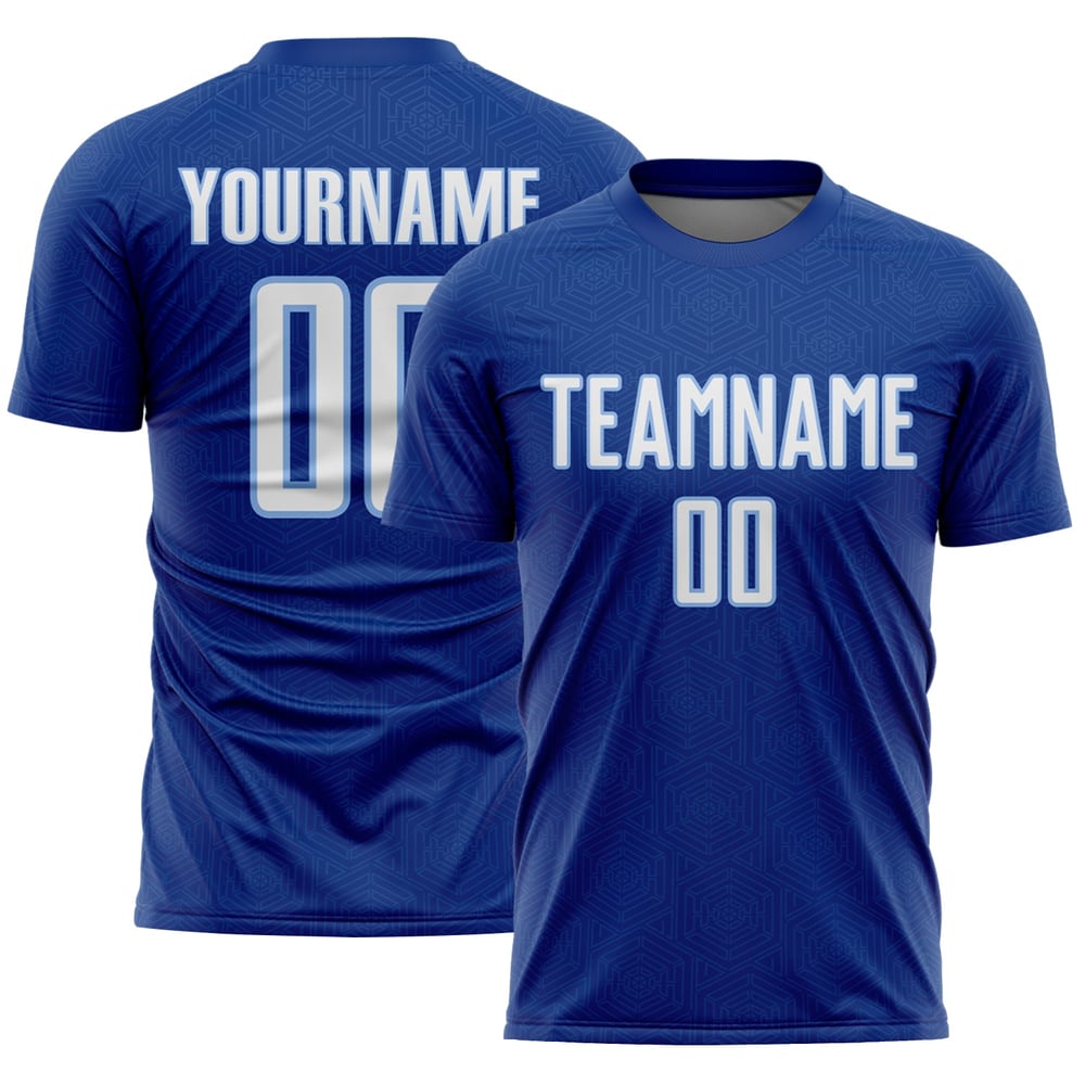 Maglia da calcio personalizzata con stampa sublimatica a forma di luce bianca, blu, geometrica sportiva