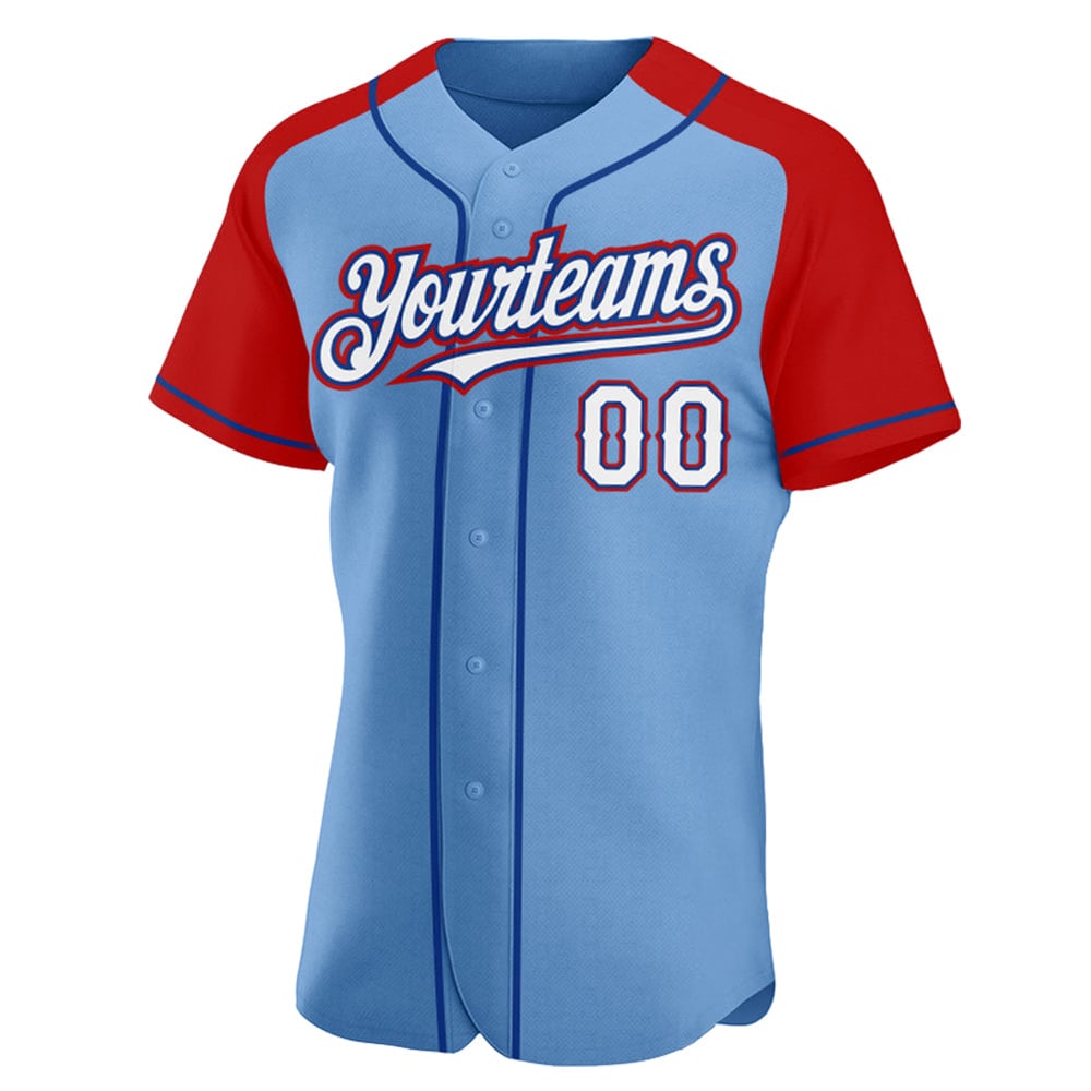 Blue Raglan Light White Jersey Custom Authentic Sleeves Red-Royal Baseball