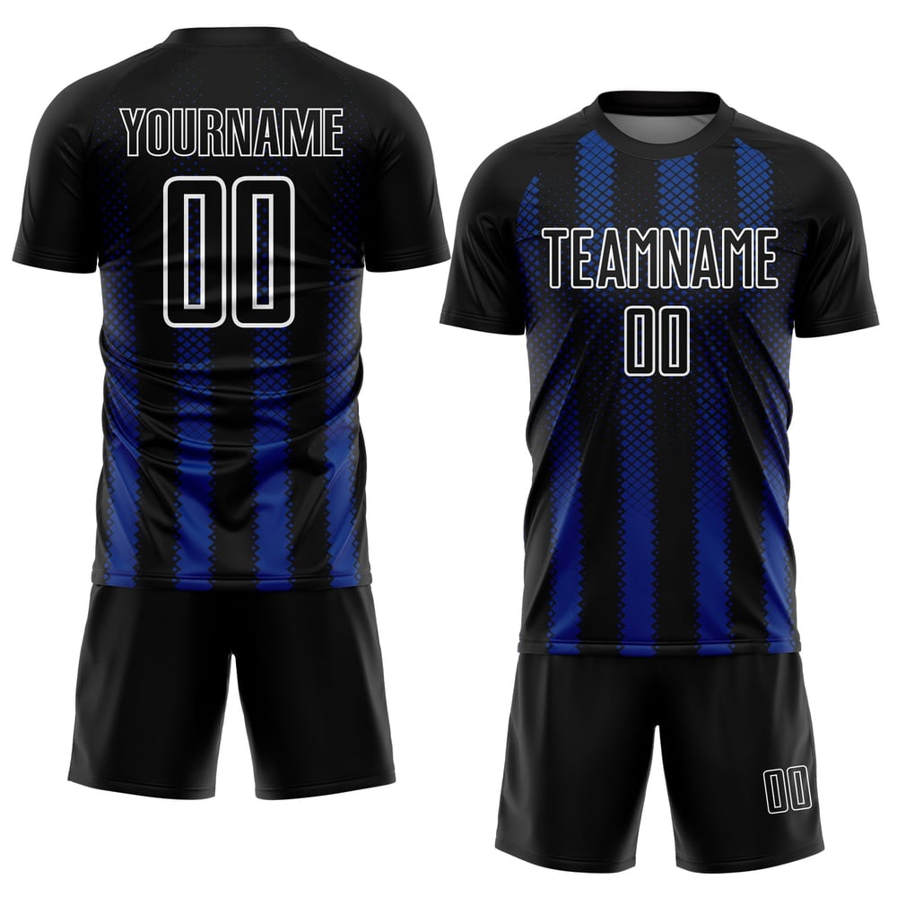Uniform Geometrische Benutzerdefinierte Form Fußball Schwarz Trikot Sublimation Royal-Weiß