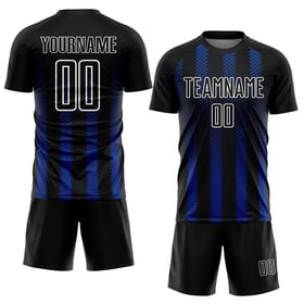 Uniform Geometrische Benutzerdefinierte Form Fußball Schwarz Trikot Sublimation Royal-Weiß