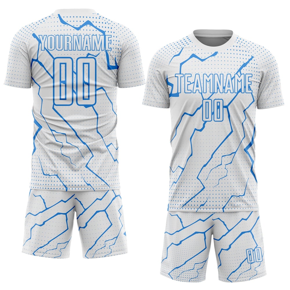 Maglia da calcio sportiva personalizzata con stampa sublimatica Blue Powder White Lightning