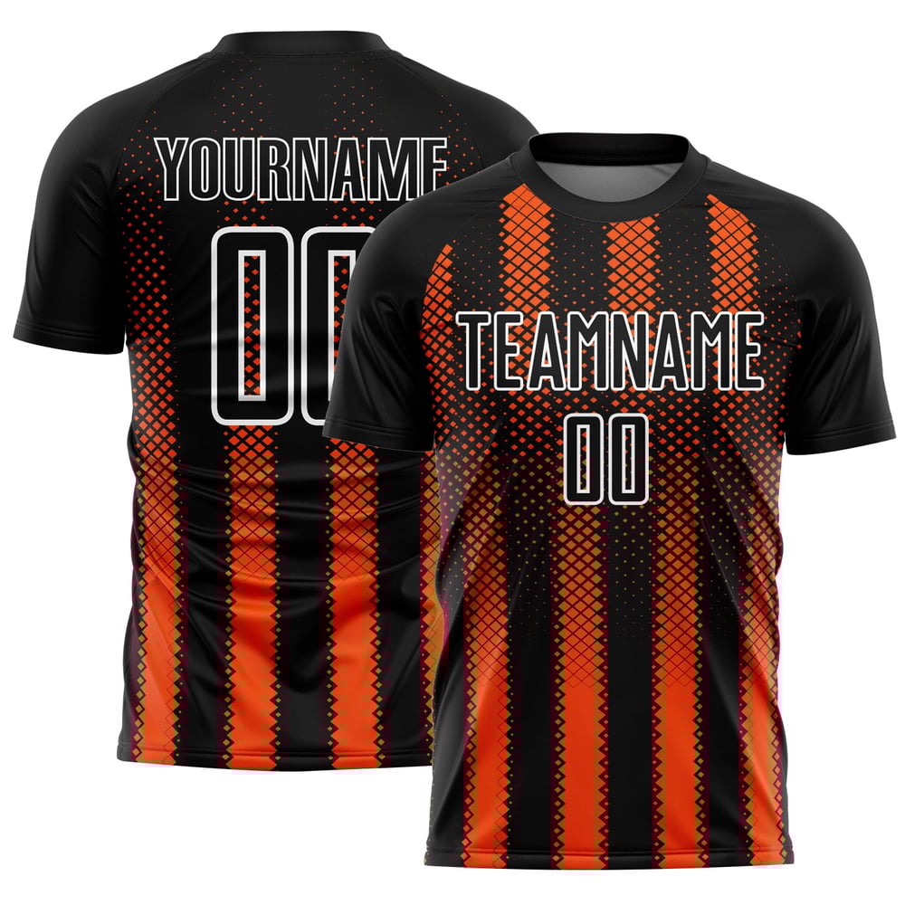 Geometrische orange-weiße Form Fußballtrikot Custom Uniform Black Sublimation