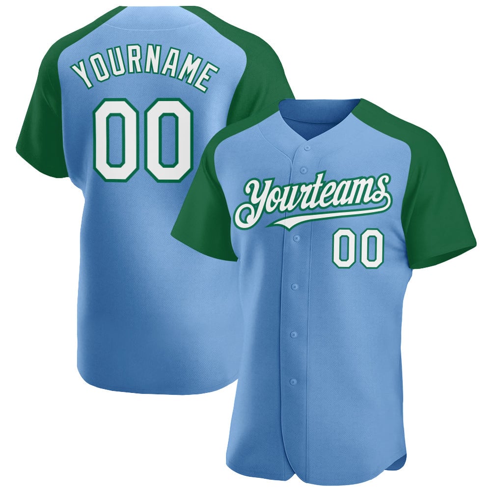 Authentic Raglan Light Jersey White-Kelly Green Baseball Sleeves Custom Blue