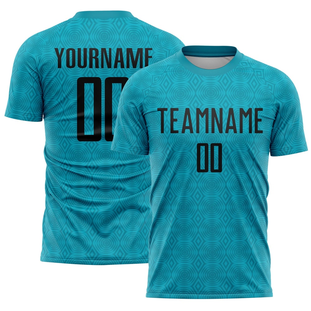 Camiseta de fútbol personalizada con diseño geométrico de sublimación en negro y verde azulado