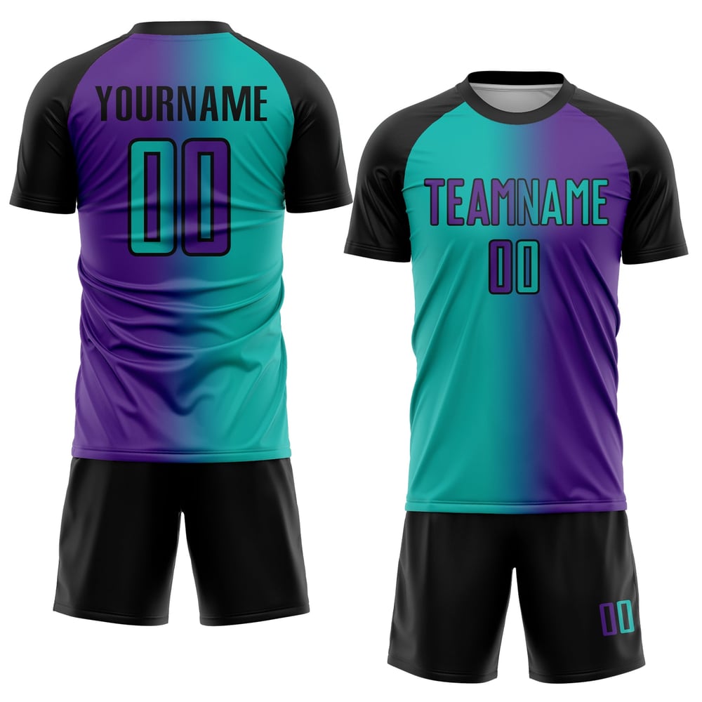 Fußball Lila Jersey Aqua-Schwarz Sublimation Gradienten Mode Custom Uniform
