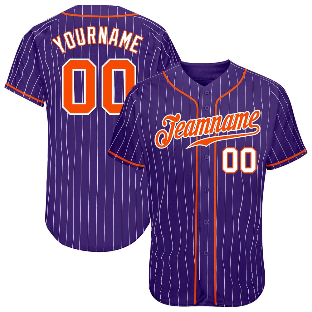 Camiseta de béisbol morada auténtica personalizada con rayas blancas y naranjas