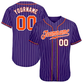 Camiseta de béisbol morada auténtica personalizada con rayas blancas y naranjas