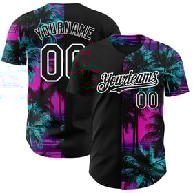 Jersey 3D Playa Rosa Árboles Diseño Auténtico Béisbol Palma Patrón Blanco y Negro Hawaiano Personalizado