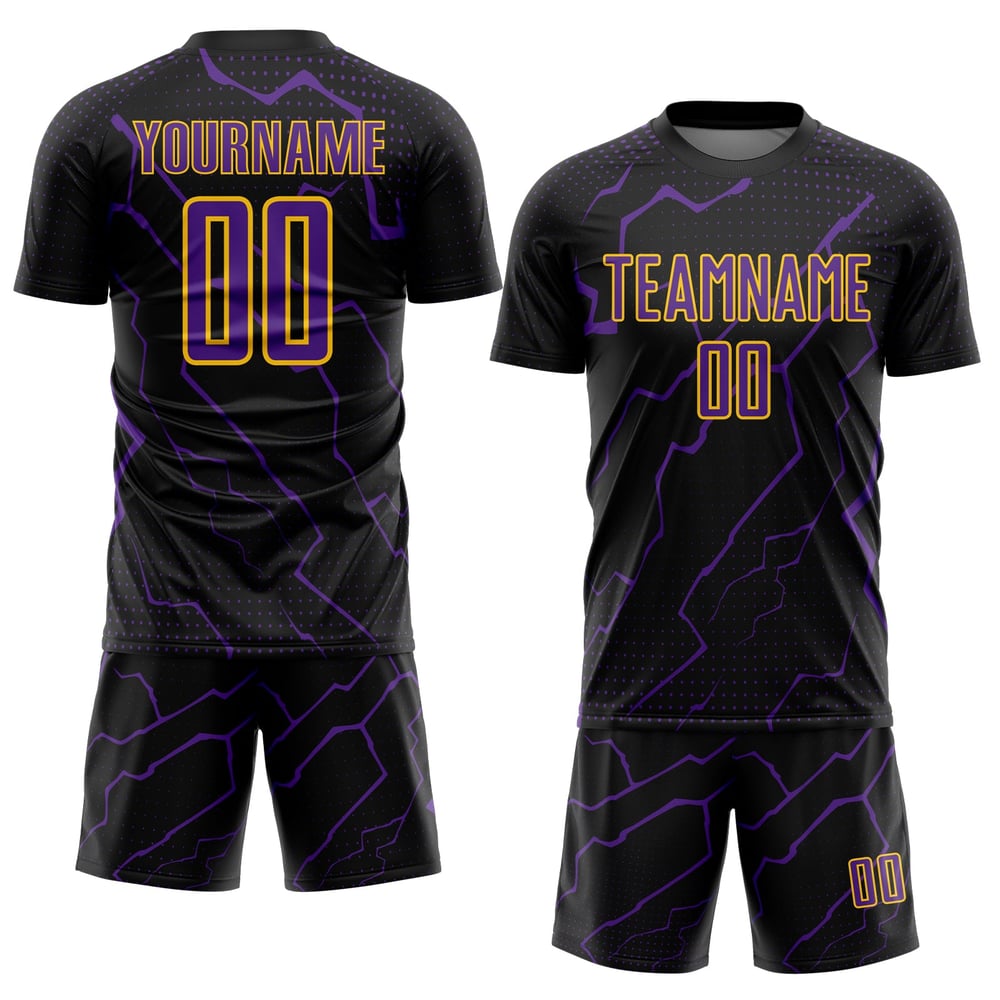 Maglia da calcio personalizzata con stampa sublimatica nera e viola-gialla Lightning