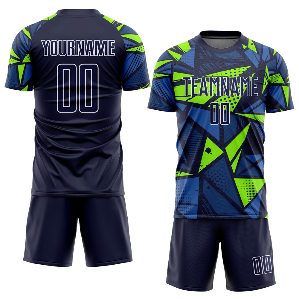 Maillot de football personnalisé bleu marine/vert fluo par sublimation