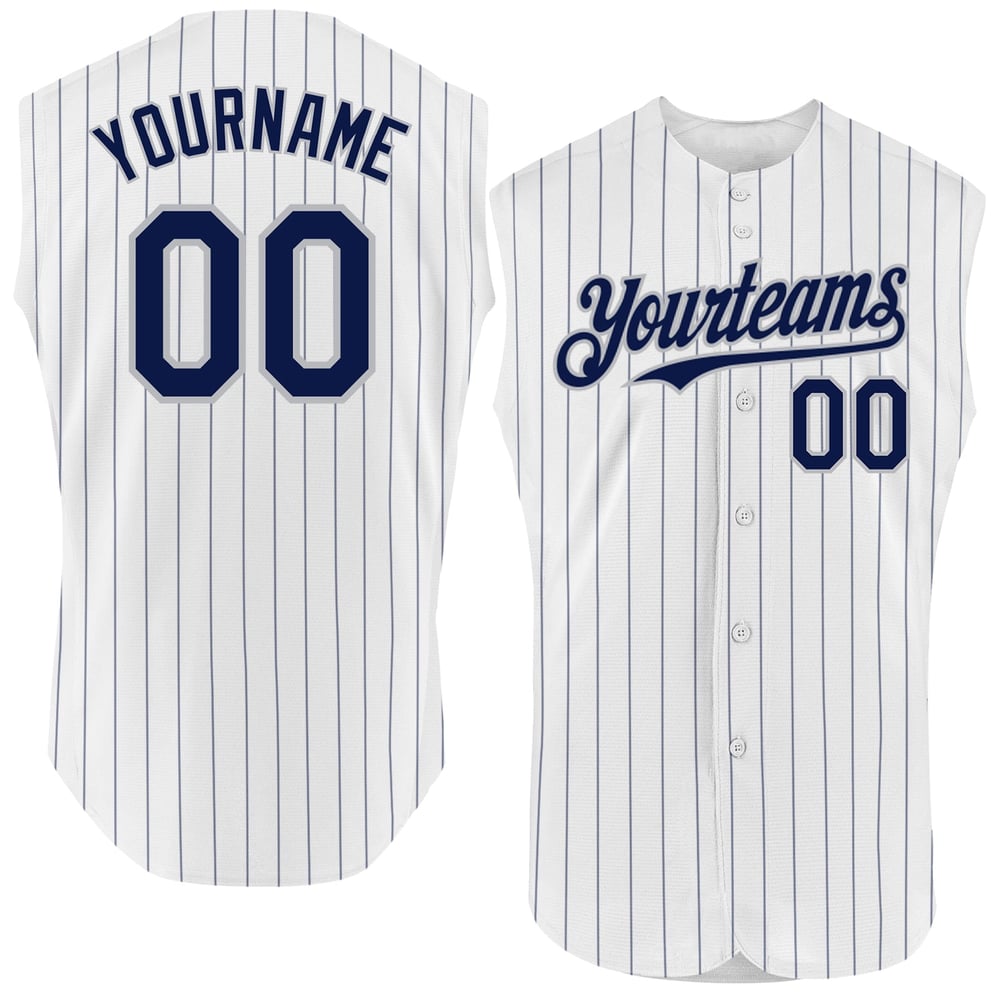 Navy Gray Baseball Custom White Sleeveless Pinstripe Authentic Jersey