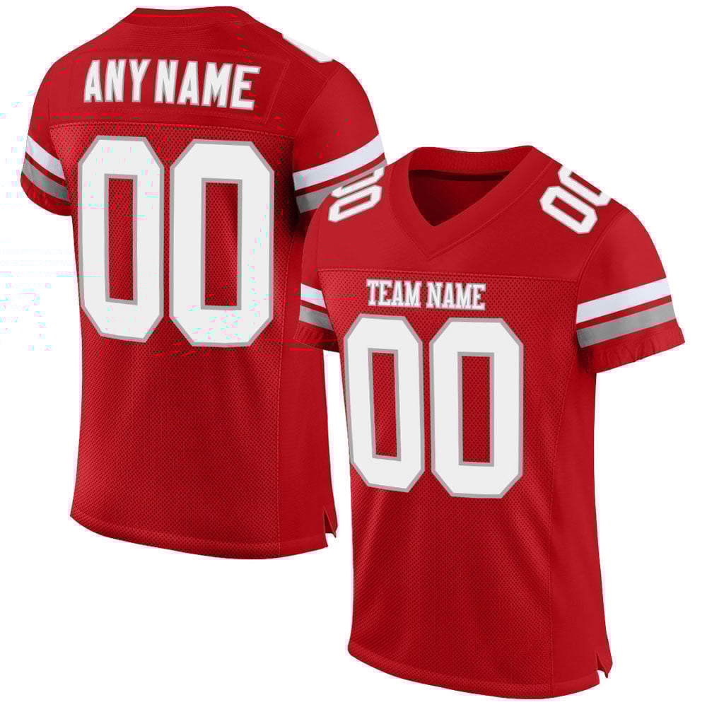Authentic White-Gray Mesh Football Jersey Custom Red