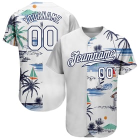Camiseta de béisbol 3D con diseño de palmeras, diseño personalizado en blanco y azul marino, de la isla de Hawái.