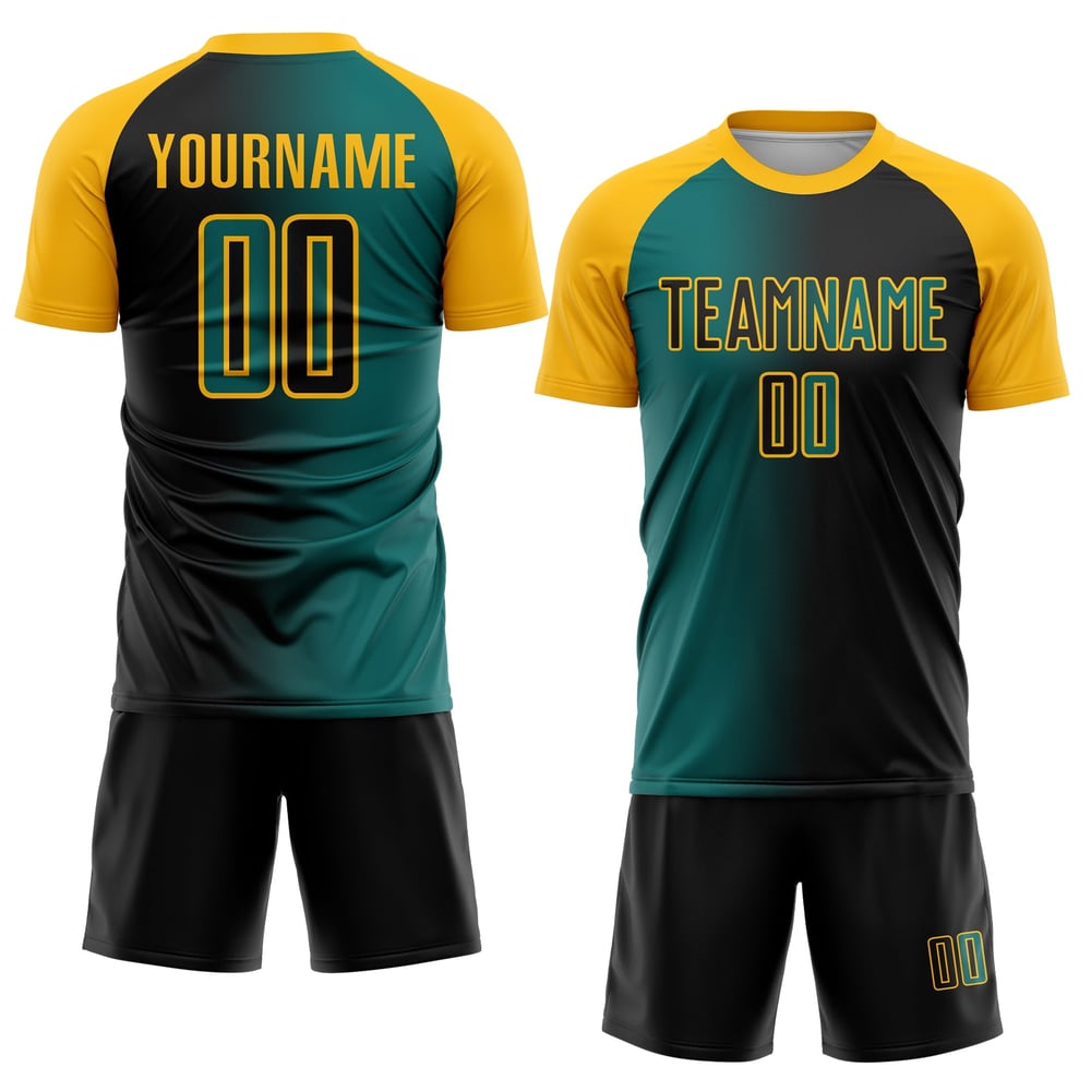 Fußball Sublimation Schwarz Gradienten Uniform Mode Jersey Teal-Gold Custom