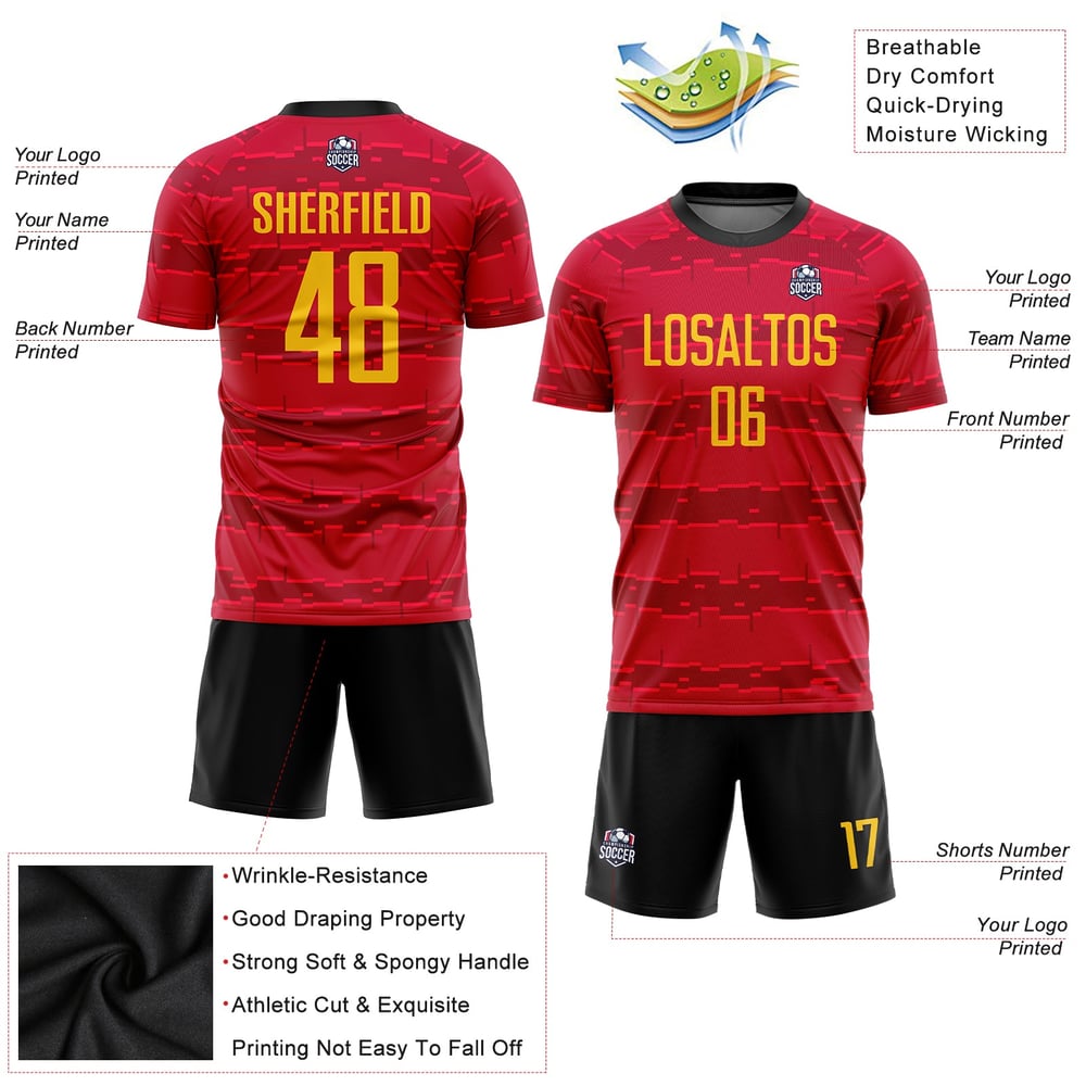 Gold-Black Soccer Uniform Sublimation Custom Red Jersey