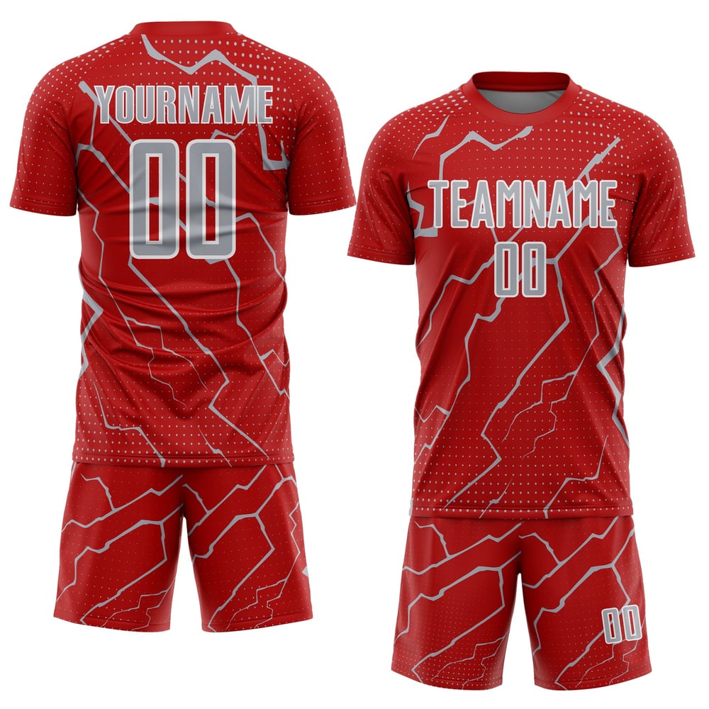Maglia da calcio uniforme grigio-bianca con stampa a sublimazione Lightning personalizzata rossa sportiva