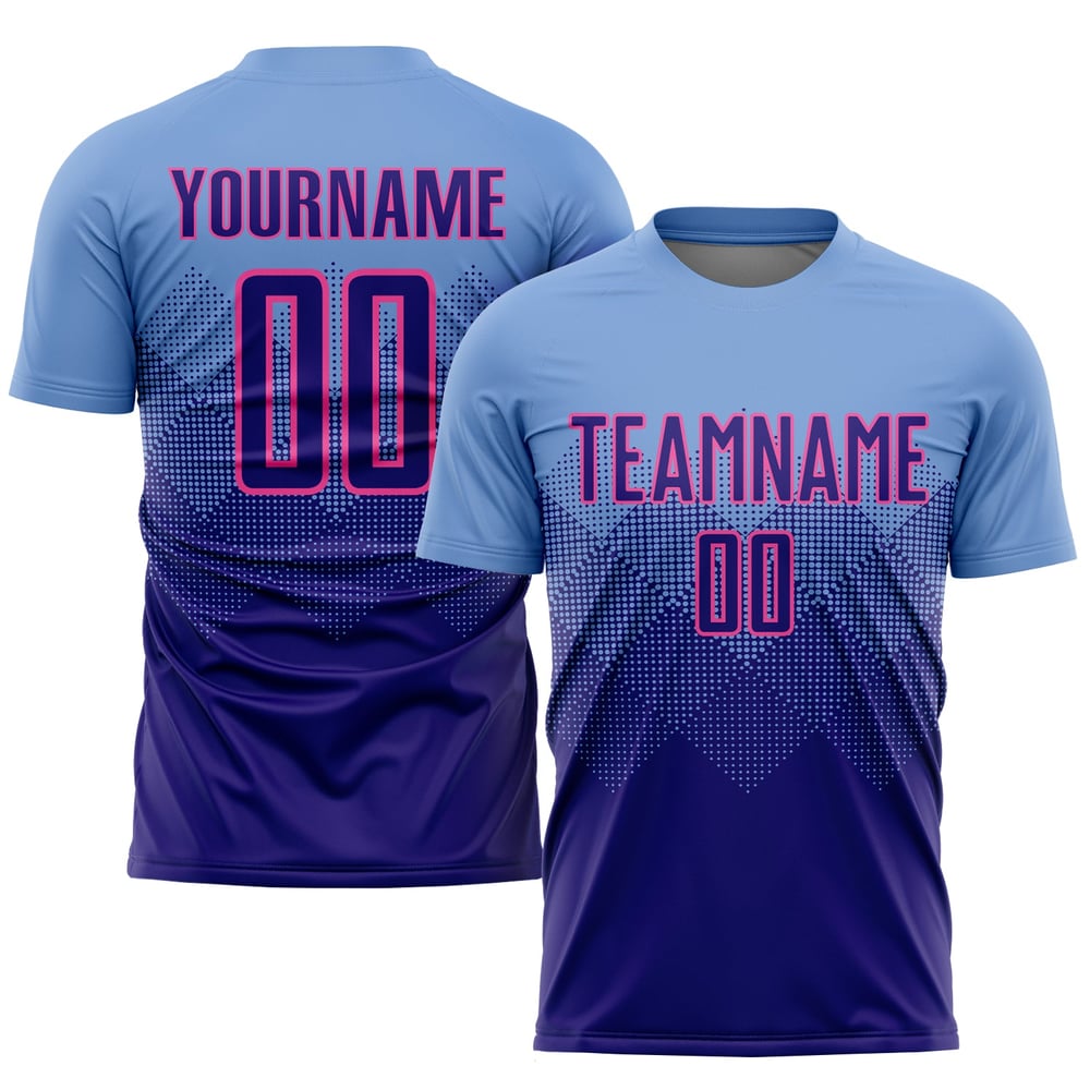 Maillot de football personnalisé bleu clair, violet foncé et rose, sublimation